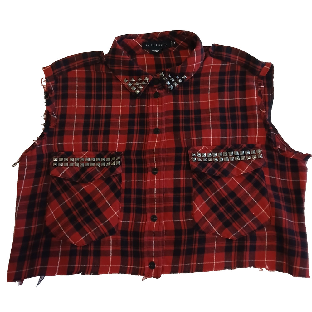Sanctuary Boyfriend Shirt Women M Red Plaid Flannel Sleeveless Studs Gothic Punk